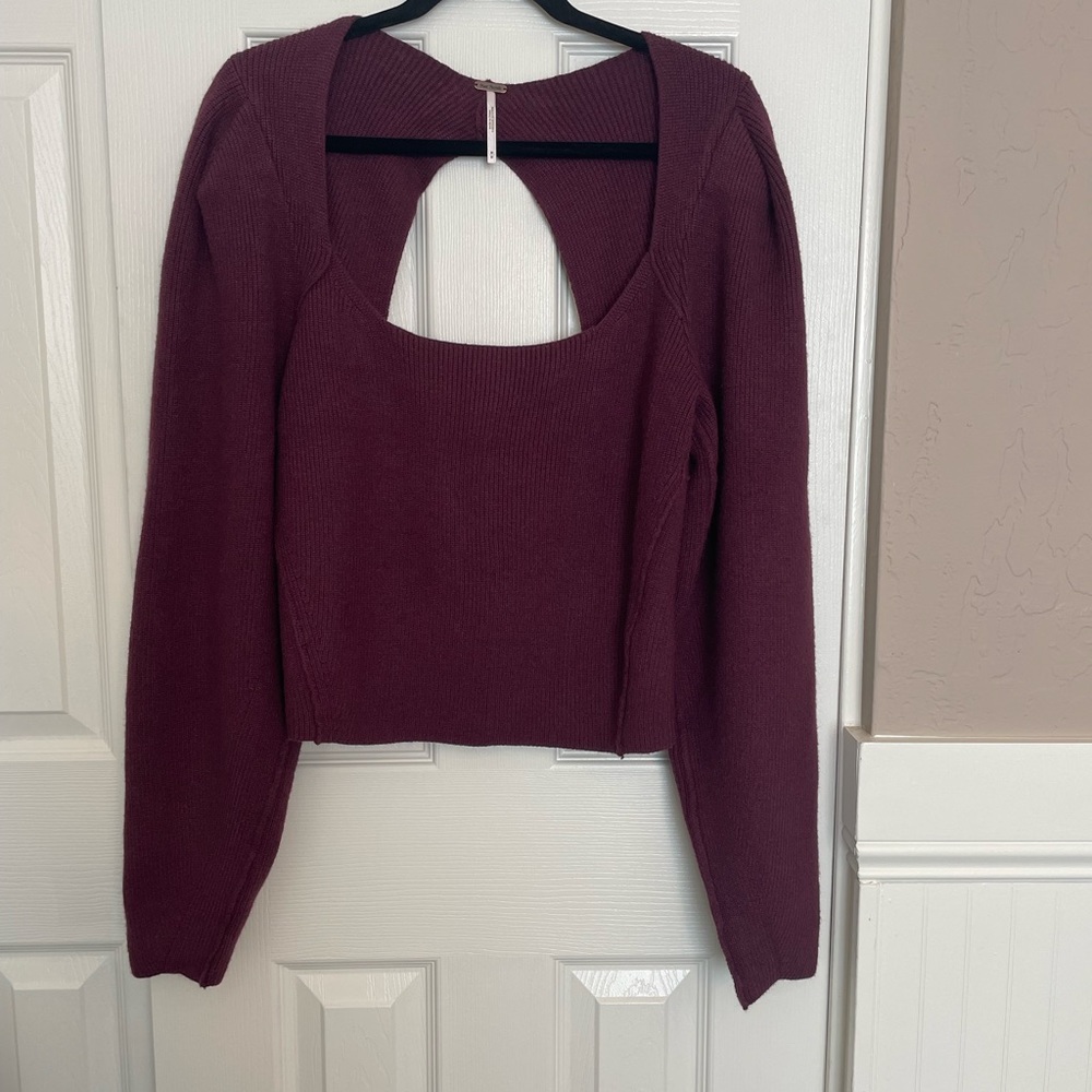 Free People Women’s Sweater Medium Puff Sleeve Cropped Cutout